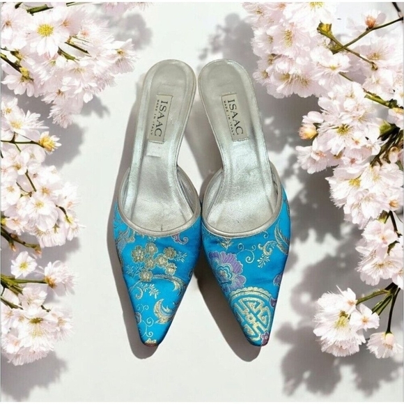 Isaac Mizrahi Turquoise Blue slip- on Mules Textile Size 8 B - Picture 1 of 12